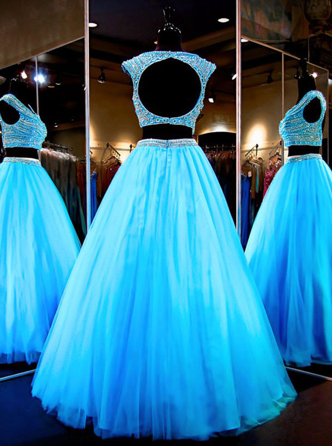 Bessdress Junior Piece Prom Dresses Pearls Junior Prom Dresses Sky Blue  Lace Two Piece Prom Gown