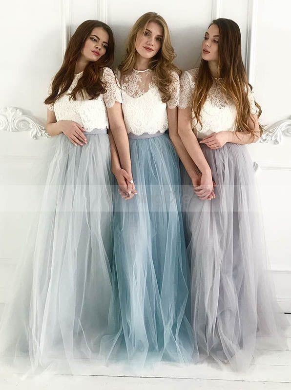 Two Piece Bridesmaid Dress with Short Sleeves,Tulle Bridesmaid Dress,Long Bridesmaid Dress,BD00160, US20W / Skyblue Two Piece Bridesmaid Dress with Short Sleeves,Tulle Bridesmaid Dress,Long Bridesmaid Dress,BD00160, US20W / Skyblue
