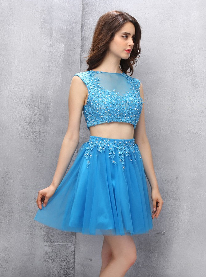 blue 2 piece homecoming dress Light Blue Two Piece Mini Homecoming Dresses with Pocket Halter Beaded PD171 Custom Size / As Picture main image 1