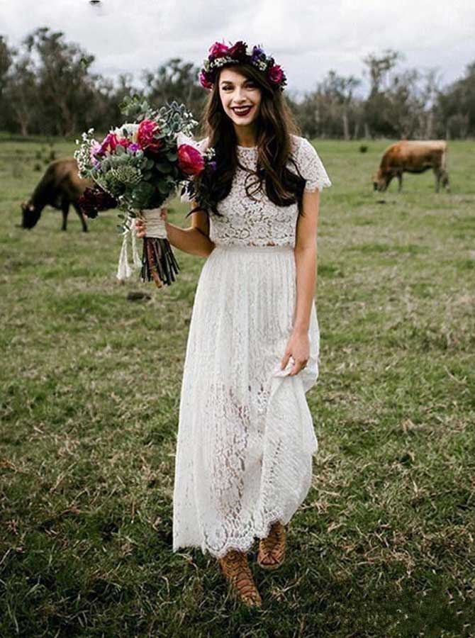 Two Piece Lace Wedding Dresses,Ankle Length Wedding Dress,WD00325, US16W / White Two Piece Lace Wedding Dresses,Ankle Length Wedding Dress,WD00325, US16W / White