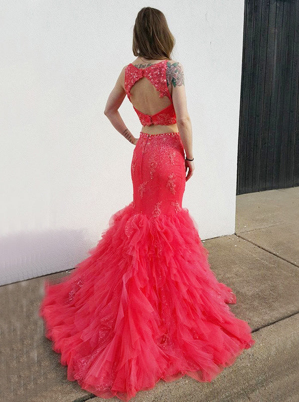 Two Piece Mermaid Tulle Prom Dress,Ruffled Tulle Evening Gown,Charming Girls Party Dress PD00136, US26W / Blush Pink