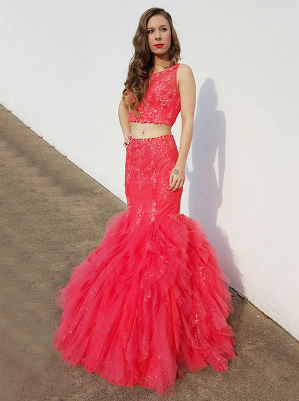 Two Piece Mermaid Tulle Prom Dress,Ruffled Tulle Evening Gown,Charming - Wishingdress Two Piece Mermaid Tulle Prom Dress,Ruffled Tulle Evening Gown,Charming - Wishingdress