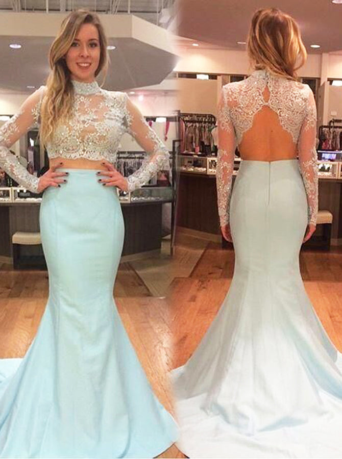 Two Piece Mint Green Prom Dress,Mermaid Lace Evening Dress,Evening Dress with Long Sleeves PD00060 Two Piece Mint Green Prom Dress,Mermaid Lace Evening Dress,Evening Dress with Long Sleeves PD00060