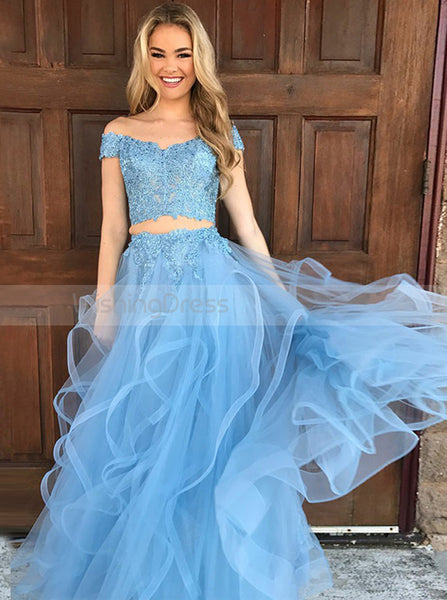 Two Piece Prom Dress for Teens,Blue Tulle Prom Dress,Off the Shoulder Prom Dress PD00075