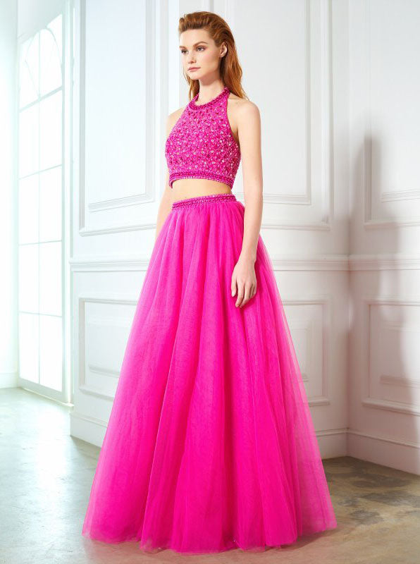 Two Piece Prom Dresses,Halter Prom Dress,Floor Length Prom Dress