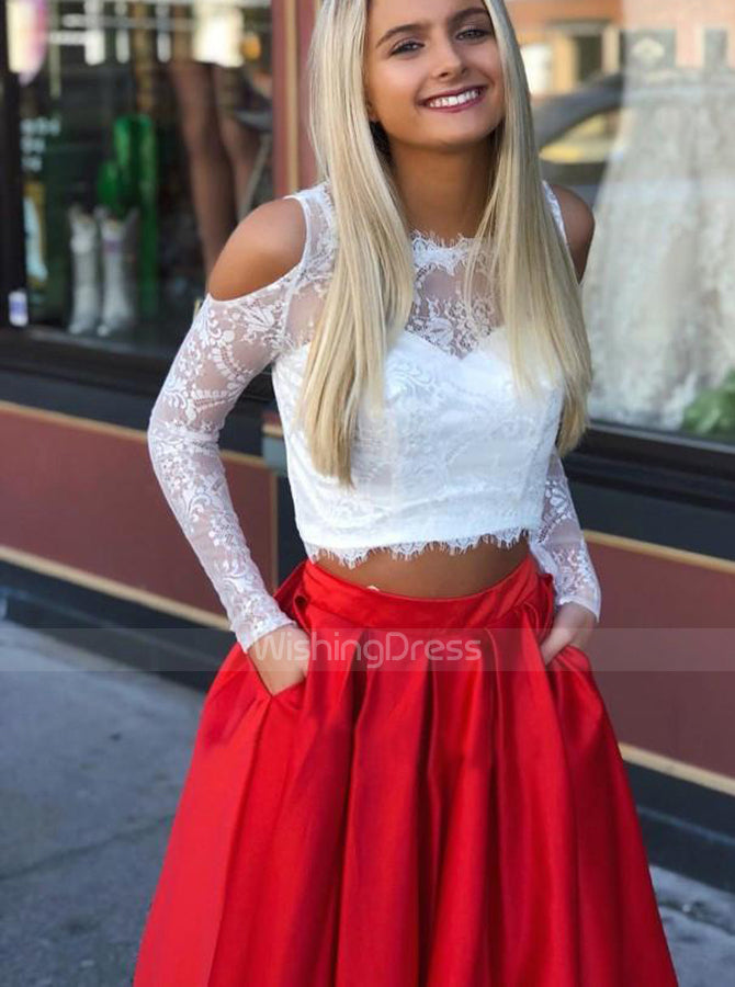red long sleeve two piece prom dress Two Piece Red Sleeve Prom Dress Two-piece Beaded Scarlet Red Lace Mermaid Prom Gown Promfy