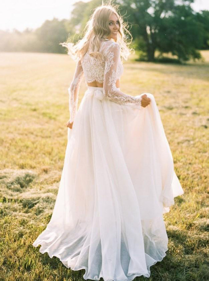 Two Piece Wedding Dress with Sleeves,Boho Wedding Dress,WD00346, US14 / White Two Piece Wedding Dress with Sleeves,Boho Wedding Dress,WD00346, US14 / White