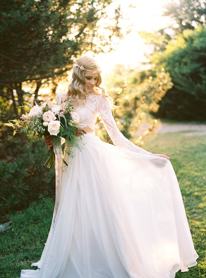 Two Piece Wedding Dress with Sleeves,Boho Wedding Dress,WD00346, US14 / White Two Piece Wedding Dress with Sleeves,Boho Wedding Dress,WD00346, US14 / White