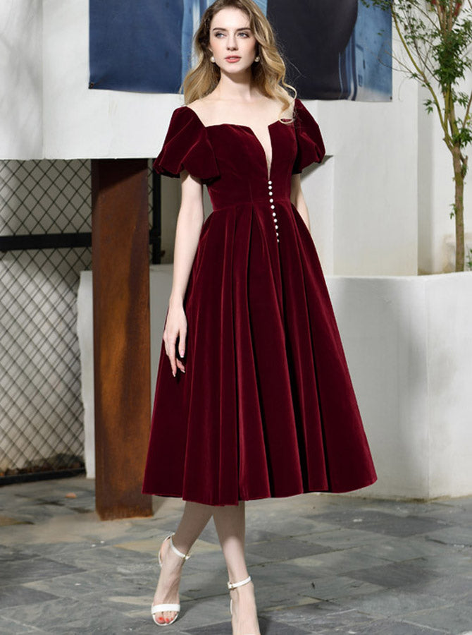 burgundy tea length formal dress Off-shoulder Burgundy Velvet Tea-length Prom Dress