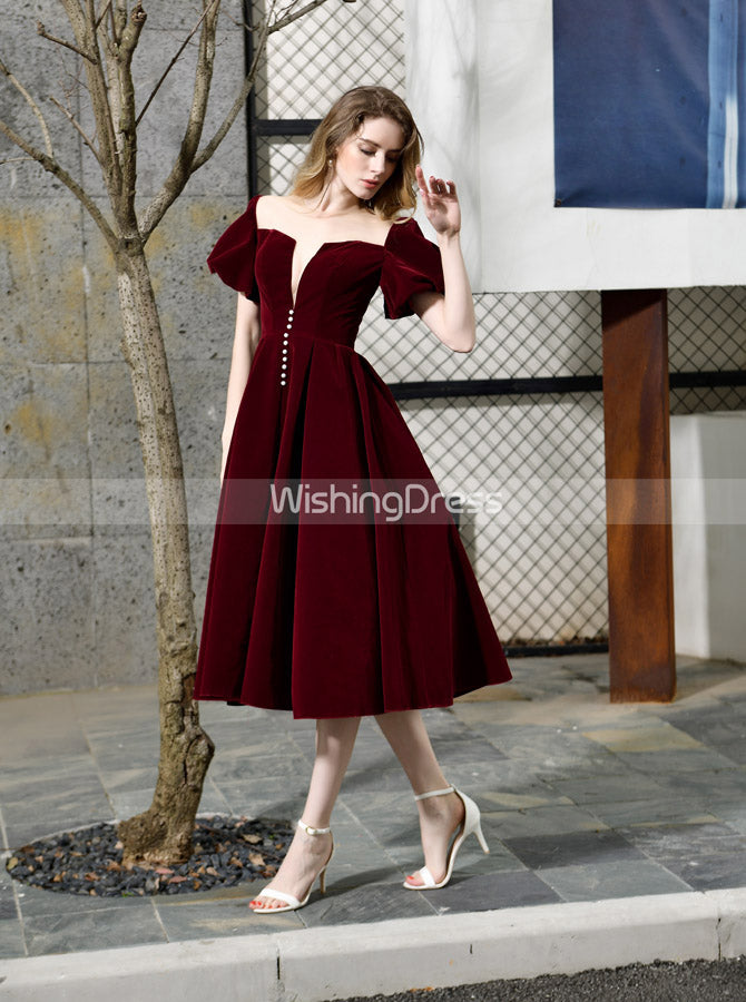 Velvet Homecoming Dress with Short Sleeves,Burgundy Tea Length Dress,PD00467, US2 / Burgundy Velvet Homecoming Dress with Short Sleeves,Burgundy Tea Length Dress,PD00467, US2 / Burgundy