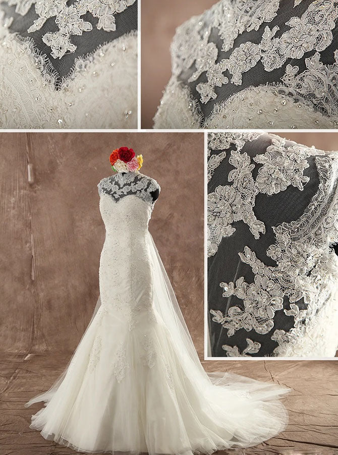 Vintage High Neck Wedding Dress with Detachable Train WD00589, US14 / Champagne