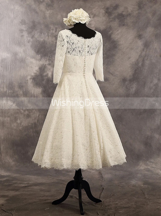 Vintage Lace Wedding Dress,Tea Length Wedding Dress with Sleeves,WD00529, US10 / Ivory