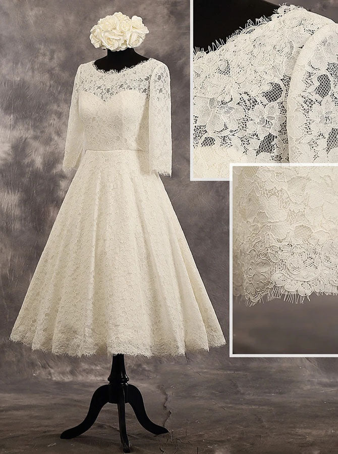 Vintage Lace Wedding Dress,Tea Length Wedding Dress with Sleeves,WD00529, US10 / Ivory