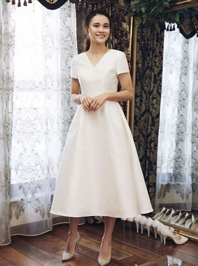 Vintage Satin Wedding Dresses,Tea Length Wedding Dress with Short Sleeves,WD00438, US22W / Ivory