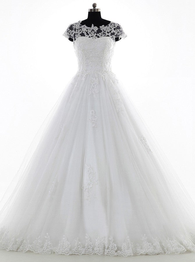 Vintage Wedding Dress,Cap Sleeves Bridal Dress,Tulle Bridal Dress,Appliques Wedding Dress,WD00003, US26W / Champagne