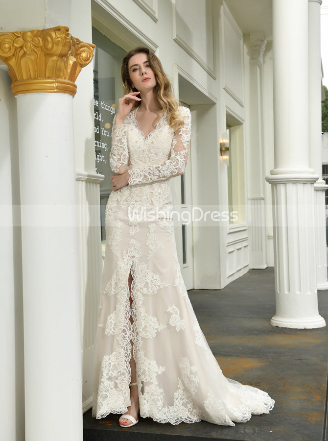 knee length dresses for ladies Vintage Wedding Dress with Long Sleeves,Lace Bridal Dress with Slit,WD00491