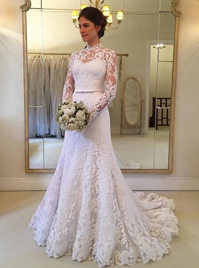 Old fashioned long shop sleeve wedding dresses