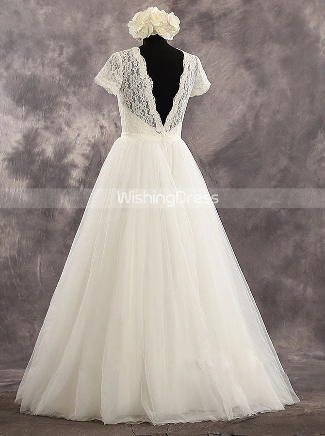 Vintage Wedding Dress with Short Sleeves,Elegant Bridal Dress Floor Length,WD00537, US2 / Champagne