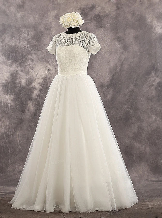Vintage Wedding Dress with Short Sleeves,Elegant Bridal Dress Floor Length,WD00537, US18W / White Vintage Wedding Dress with Short Sleeves,Elegant Bridal Dress Floor Length,WD00537, US18W / White