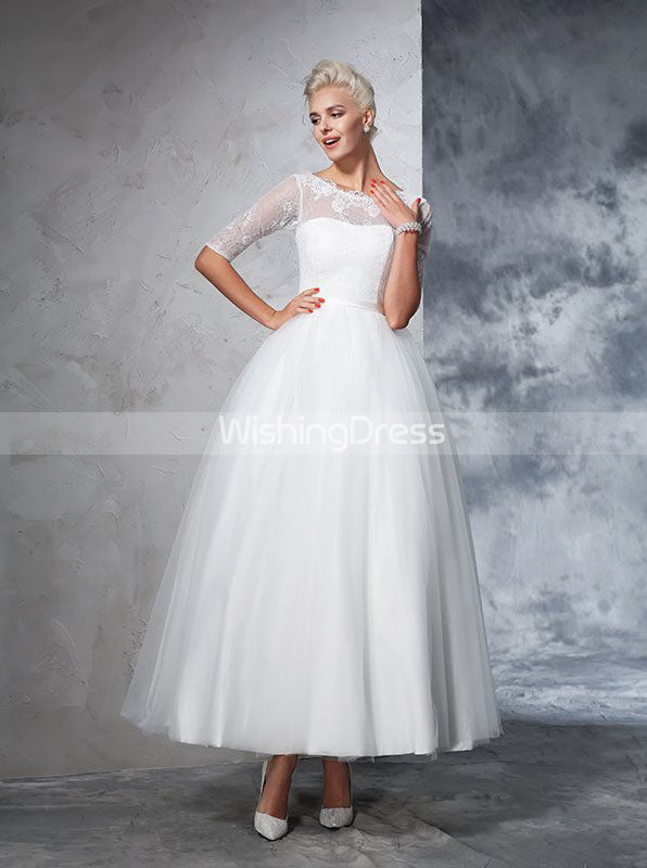 Vintage Wedding Gowns,Bridal Gown with Sleeves,Ankle Length Wedding Dress,WD00277, US14 / Ivory