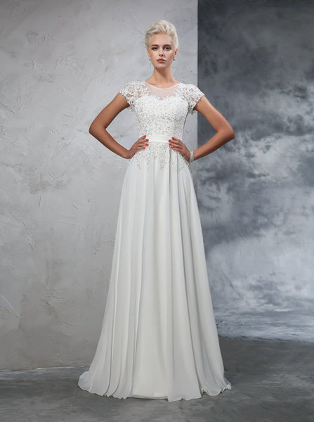 Wedding Dress with Short Sleeves,Chiffon Wedding Dress,Beach Wedding Dress,WD00272