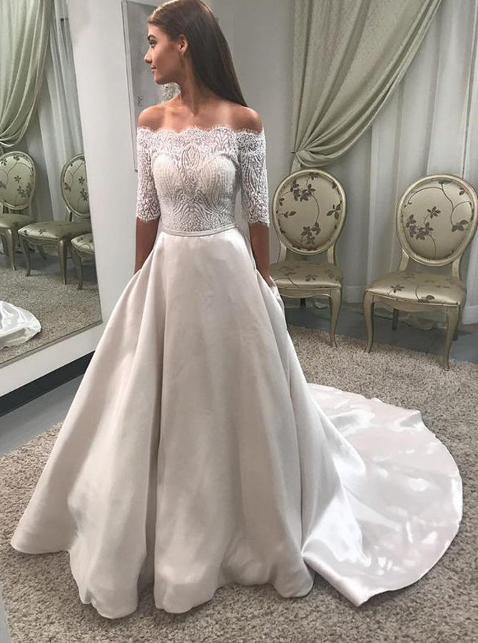 A-line Wedding Dresses with Sleeves,Modern Wedding Dress Off The Shoul - Wishingdress A-line Wedding Dresses with Sleeves,Modern Wedding Dress Off The Shoul - Wishingdress