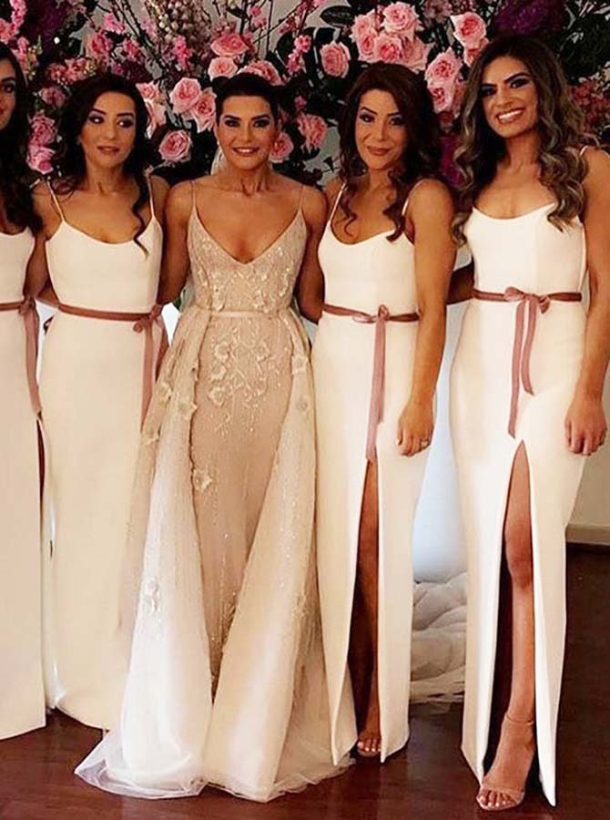 White Bridesmaid Dress,Bridesmaid Dress with Slit and Sash,Bridesmaid Dress with Straps,BD00089