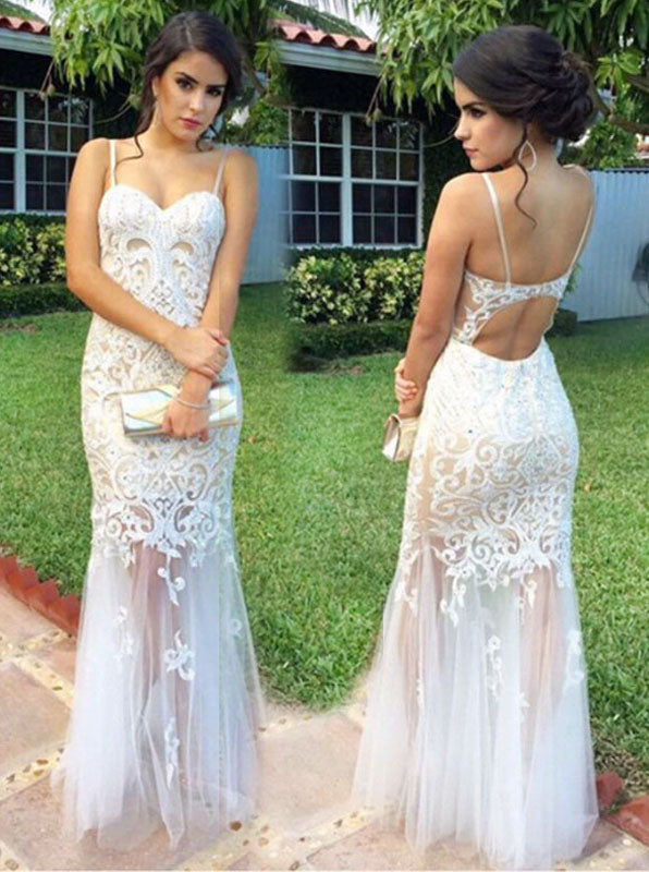 White Column Floor Length Prom Dress See Through Evening Dress Lace Tulle Evening Dress PD00173