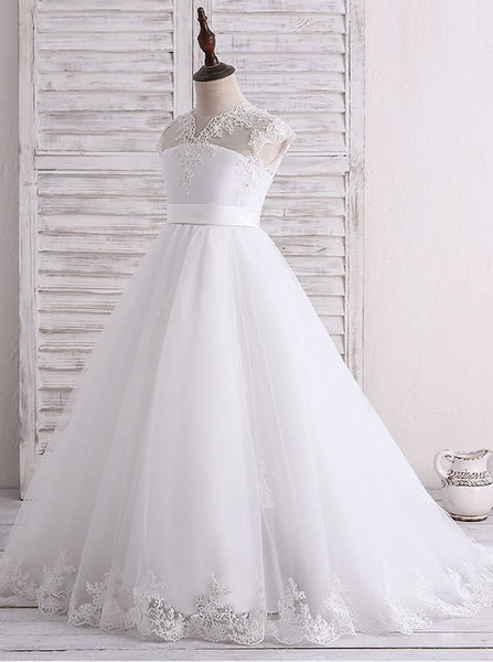 White Flower Girl Dress,First Communion Dress with Train,FD00127