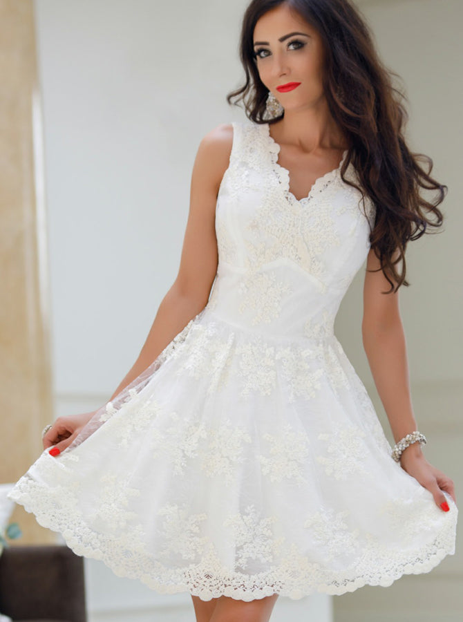 White Homecoming Dresses,Lace Homecoming Dress,V Neck Homecoming Dress