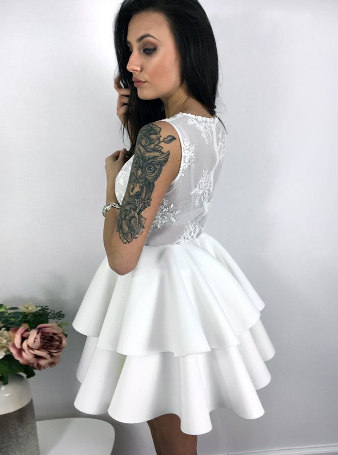 White Homecoming Dresses,Layered Homecoming Dress,V-neck Homecoming Dr - Wishingdress White Homecoming Dresses,Layered Homecoming Dress,V-neck Homecoming Dr - Wishingdress