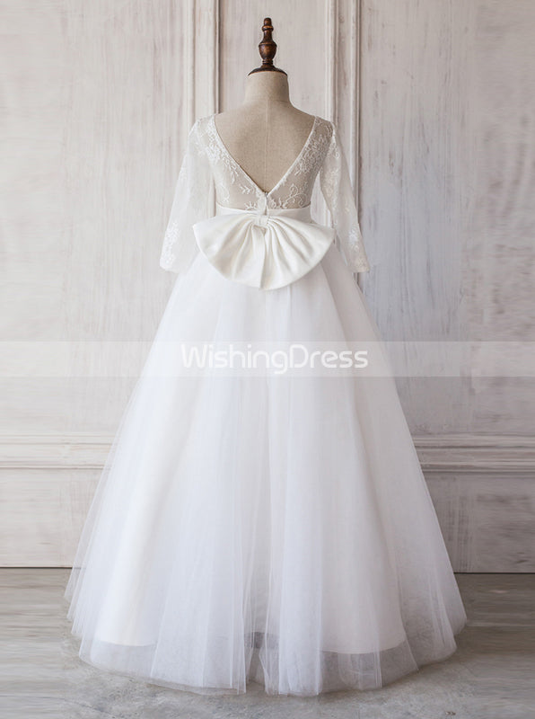 White Junior Bridesmaid Dress with Sleeves,Long Flower Girl Dress,JB00018