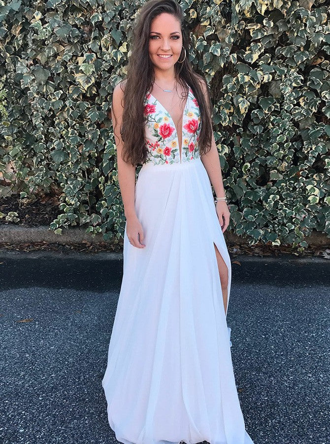 White Prom Dresses,Embroidered Prom Dress,Long Prom Dress,Prom