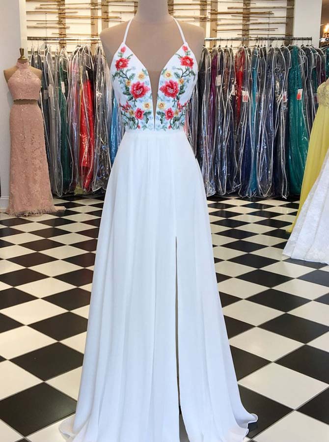 White Prom Dresses Embroidered Prom Dress Long Prom Dress Prom Dress with Slit PD00298