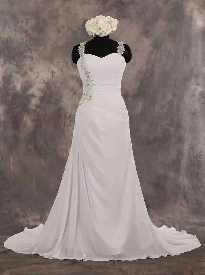 White Sheath Chiffon Destination Wedding Dress,Outdoor Wedding Dress with Straps,WD00550, US10 / Champagne