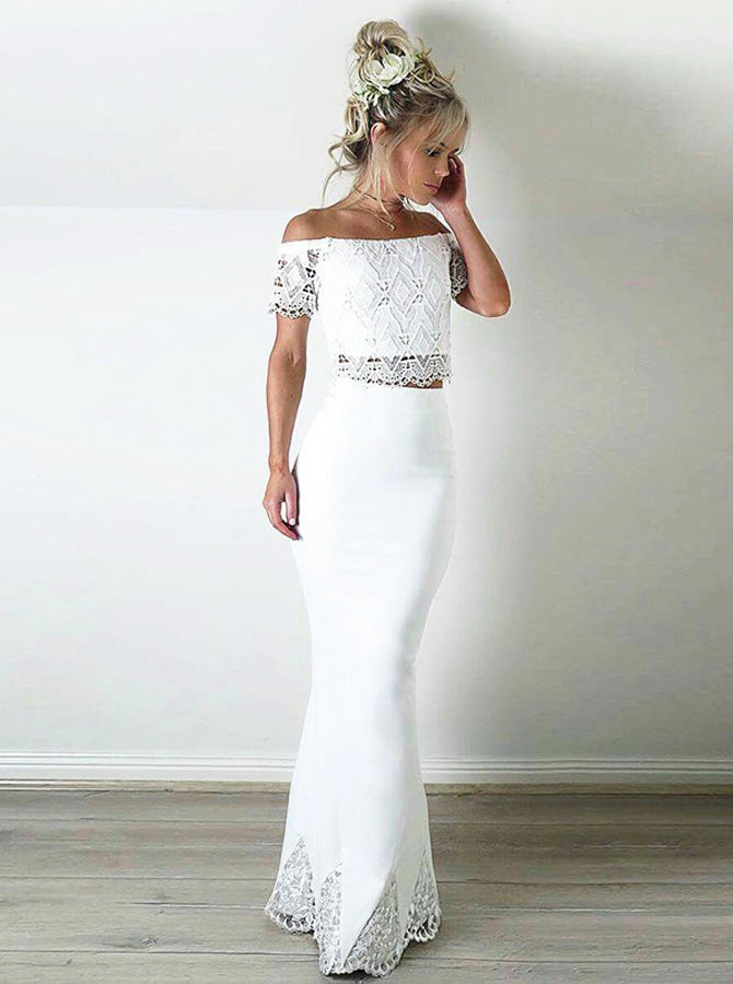 White Two Piece Evening Dress,Off the Shoulder Prom Dress,Evening Dress with Short Sleeves PD00097, US16W / Royal Blue White Two Piece Evening Dress,Off the Shoulder Prom Dress,Evening Dress with Short Sleeves PD00097, US16W / Royal Blue