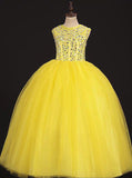 Yellow Classic Little Princess Gown,Tulle High Neck Little Girl Pageant Dress,GPD0032