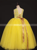 Yellow Classic Little Princess Gown,Tulle High Neck Little Girl Pageant Dress,GPD0032