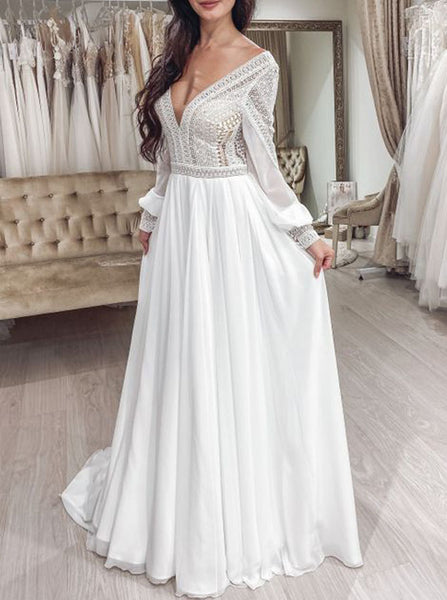 Boho Long Sleeve Wedding Dress,Chiffon Beach Wedding Dress,WD00940