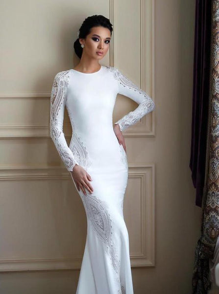 Stretch Crepe Long Sleeve Wedding Dress,Fit And Flare Bridal Gown,WD00944
