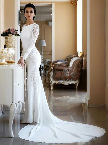 Stretch Crepe Long Sleeve Wedding Dress,Fit And Flare Bridal Gown,WD00944