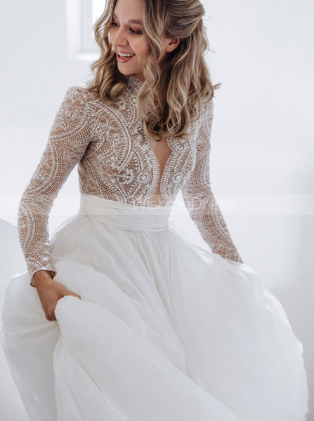 Elegant Long Sleeve Wedding Dress,Destination Bridal Gown,WD00947