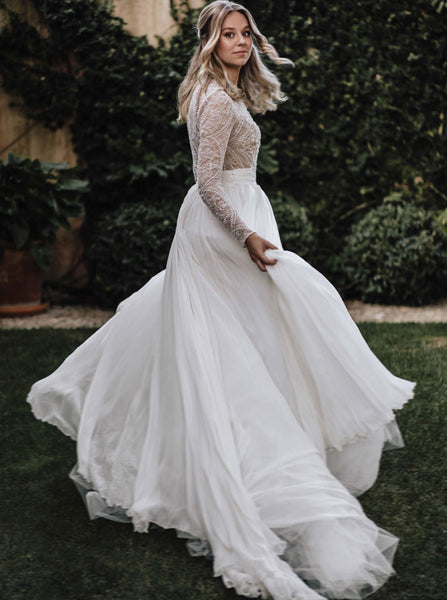 Elegant Long Sleeve Wedding Dress,Destination Bridal Gown,WD00947