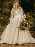 Champagne Open Back Bridal Gown,Bishop Sleeves Bridal Gown,WD00948