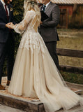 Champagne Open Back Bridal Gown,Bishop Sleeves Bridal Gown,WD00948