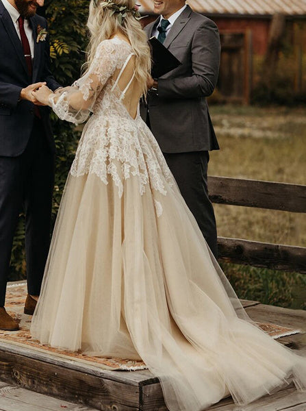 Champagne Open Back Bridal Gown,Bishop Sleeves Bridal Gown,WD00948