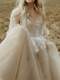 Champagne Open Back Bridal Gown,Bishop Sleeves Bridal Gown,WD00948