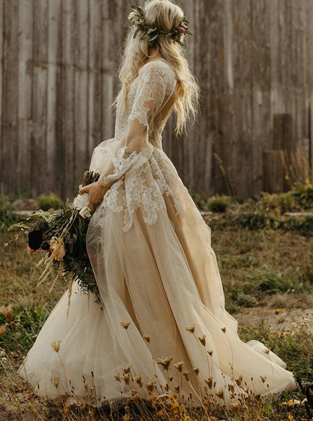 Champagne Open Back Bridal Gown,Bishop Sleeves Bridal Gown,WD00948