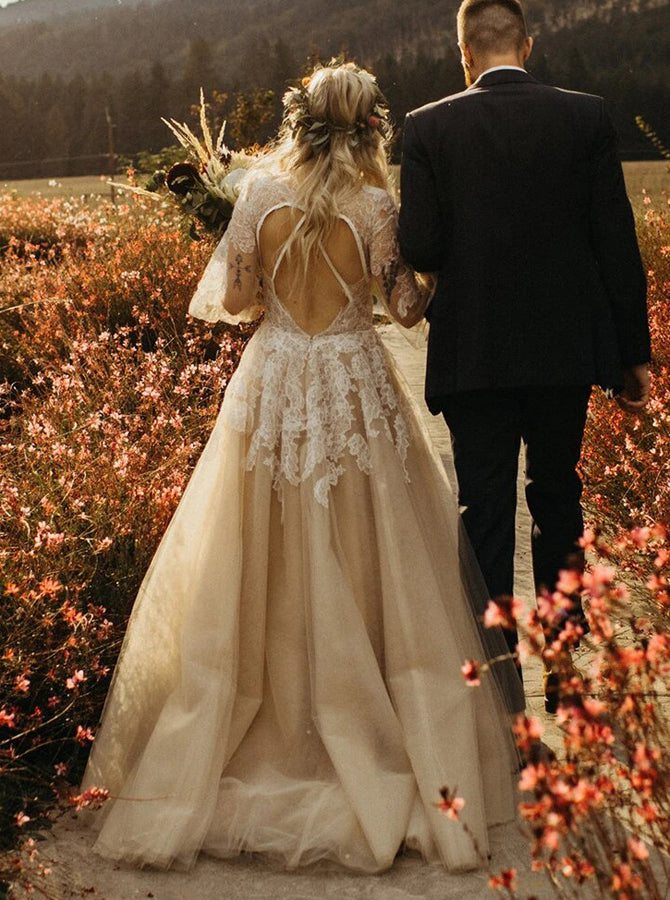 Champagne Open Back Bridal Gown,Bishop Sleeves Bridal Gown,WD00948, US26W / White Champagne Open Back Bridal Gown,Bishop Sleeves Bridal Gown,WD00948, US26W / White