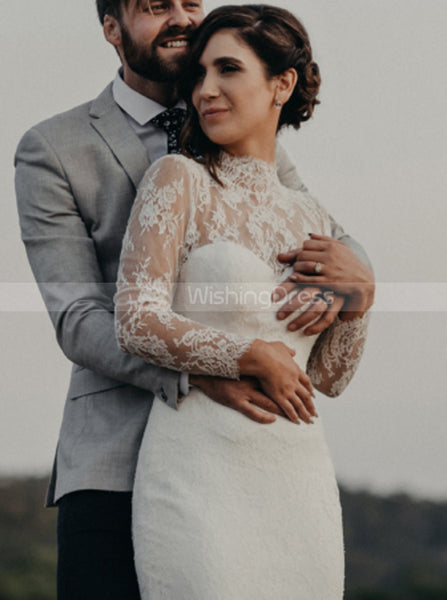 High Neck Lace Wedding Dress,Fit And Flare Wedding Dress With Sleeve,WD00951